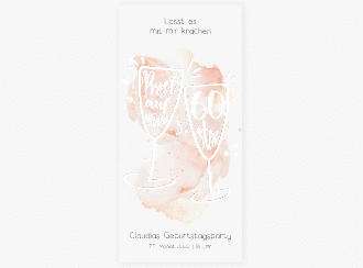 Einladung 60. Geburtstag Sektgläser lange Karte hoch rot mit zwei Champagner-Gläsern auf Aquarell-Hintergrund