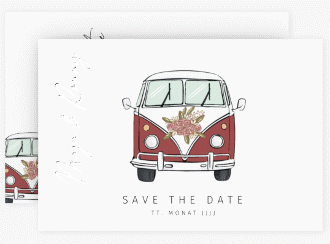 Klick: Details zu Save the Date-Karte "Hochzeitsbulli" anzeigen Save the Date-Karte Hochzeitsbulli A6 Karte quer rot
