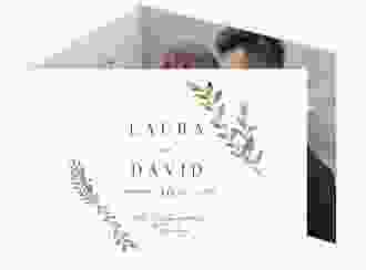 Hochzeitseinladung Herbarium A6 Doppel-Klappkarte rosa mit geometrischem Rahmen und Blätter-Dekor