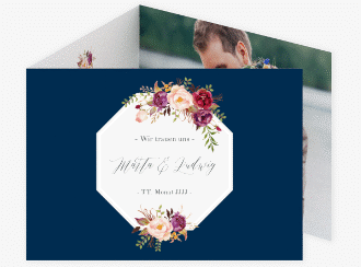 Klick: Details zu Hochzeitseinladung "Prachtvoll" anzeigen Hochzeitseinladung Prachtvoll A6 Doppel-Klappkarte blau