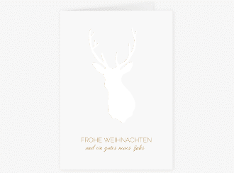 Business-Weihnachtskarte Deer A6 Klappkarte hoch gold und weiß mit Reh-Kopf