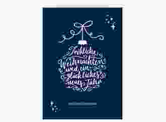 Business-Weihnachtskarte Lichterglanz A6 Klappkarte hoch blau für Firmen, mit Weihnachtskugel-Kalligrafie