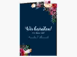 Einladungskarte Hochzeit Flowers A6 Klappkarte hoch blau mit bunten Aquarell-Blumen