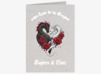 Einladungskarte Hochzeit Drachenliebe A6 Klappkarte hoch grau mit schwarzem und weißem Drachen zu einem Herz verschlungen