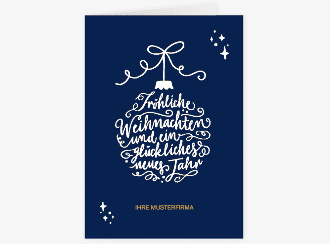 Klick: Details zu Business-Weihnachtskarte "Lichterglanz" anzeigen Business-Weihnachtskarte Lichterglanz A6 Klappkarte hoch blau für Firmen, mit Weihnachtskugel-Kalligrafie