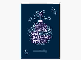 Business-Weihnachtskarte Lichterglanz A6 Klappkarte hoch blau für Firmen, mit Weihnachtskugel-Kalligrafie