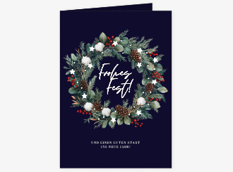 Klick: Details zu Geschäftliche Weihnachtskarte "Festkanz" anzeigen Geschäftliche Weihnachtskarte Festkanz A6 Klappkarte hoch blau mit Tannenbäumen