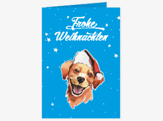 Weihnachtskarte Frosty A6 Klappkarte hoch blau mit Hund mit Nikolausmütze