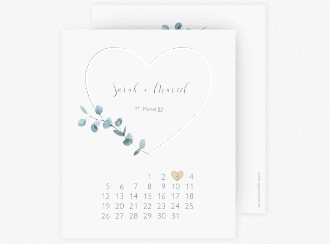 Klick: Details zu Save the Date-Kalenderblatt "Greenheart" anzeigen Save the Date-Kalenderblatt Greenheart Kalenderblatt-Karte grau mit elegantem Herz und Eukalyptus-Zweig