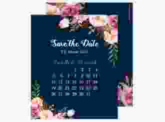 Save the Date-Kalenderblatt Flowers Kalenderblatt-Karte blau mit bunten Aquarell-Blumen