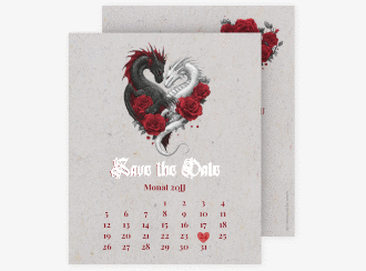 Save the Date-Kalenderblatt Drachenliebe Kalenderblatt-Karte grau mit schwarzem und weißem Drachen zu einem Herz verschlungen