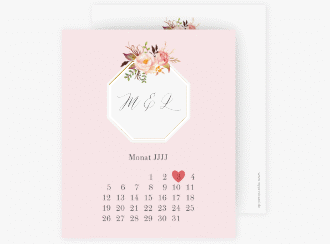 Klick: Details zu Save the Date-Kalenderblatt "Prachtvoll" anzeigen Save the Date-Kalenderblatt Prachtvoll Kalenderblatt-Karte rosa