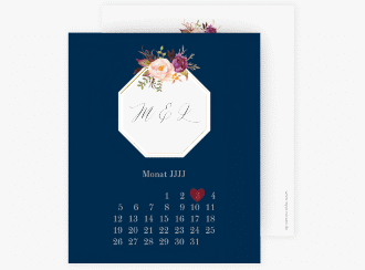 Klick: Details zu Save the Date-Kalenderblatt "Prachtvoll" anzeigen Save the Date-Kalenderblatt Prachtvoll Kalenderblatt-Karte blau