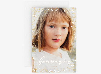 Kommunionseinladung Lightening A6 Karte hoch gold mit Foto und goldenem Konfetti