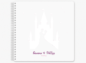 Gästebuch Hochzeit Castle Ringbindung pink mit Silhouette von Märchenschloss mit Prinz und Prinzessin