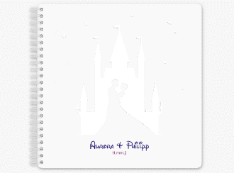 Gästebuch Hochzeit Castle Ringbindung lila mit Silhouette von Märchenschloss mit Prinz und Prinzessin