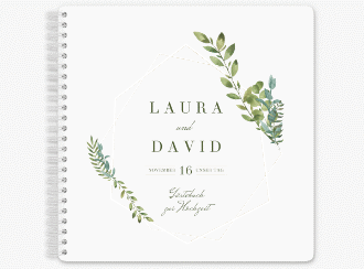 Klick: Details zu Gästebuch Hochzeit "Herbarium" anzeigen Gästebuch Hochzeit Herbarium Ringbindung gold mit geometrischem Rahmen und Blätter-Dekor