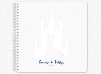 Gästebuch Hochzeit Castle Ringbindung blau mit Silhouette von Märchenschloss mit Prinz und Prinzessin