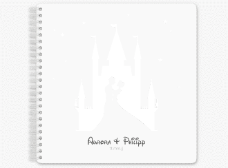 Gästebuch Hochzeit Castle Ringbindung grau mit Silhouette von Märchenschloss mit Prinz und Prinzessin