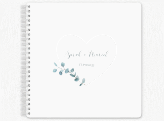 Klick: Details zu Gästebuch Hochzeit "Greenheart" anzeigen Gästebuch Hochzeit Greenheart Ringbindung grau mit elegantem Herz und Eukalyptus-Zweig