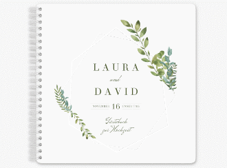 Klick: Details zu Gästebuch Hochzeit "Herbarium" anzeigen Gästebuch Hochzeit Herbarium Ringbindung grau mit geometrischem Rahmen und Blätter-Dekor