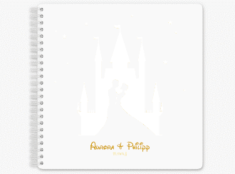 Gästebuch Hochzeit Castle Ringbindung gold mit Silhouette von Märchenschloss mit Prinz und Prinzessin