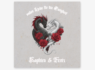 Gästebuch Creation Drachenliebe 20 x 20 cm, Hardcover grau mit schwarzem und weißem Drachen zu einem Herz verschlungen