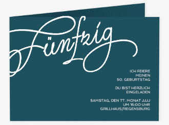 Einladung 50. Geburtstag Schwungvoll A6 Klappkarte quer blau