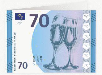 Einladung 70. Geburtstag Geldschein A6 Klappkarte quer blau