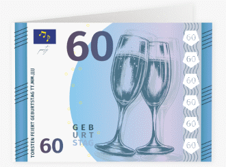 Einladung 60. Geburtstag Geldschein A6 Klappkarte quer blau