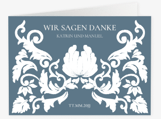 Klick: Details zu Danksagungskarte Hochzeit "Royal" anzeigen Danksagungskarte Hochzeit Royal A6 Klappkarte quer blau mit barockem Blumen-Ornament