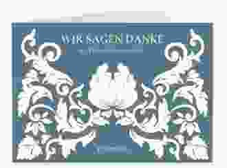 Danksagungskarte Hochzeit Royal A6 Klappkarte quer blau mit barockem Blumen-Ornament