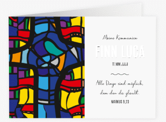 Kommunionseinladung Kirchenfenster A6 Klappkarte quer bunt