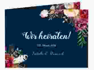 Hochzeitseinladung Flowers A6 Klappkarte quer blau mit bunten Aquarell-Blumen