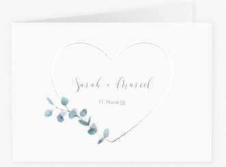 Klick: Details zu Danksagungskarte Hochzeit "Greenheart" anzeigen Danksagungskarte Hochzeit Greenheart A6 Klappkarte quer grau mit elegantem Herz und Eukalyptus-Zweig