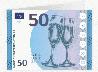 Einladung 50. Geburtstag Geldschein A6 Klappkarte quer blau