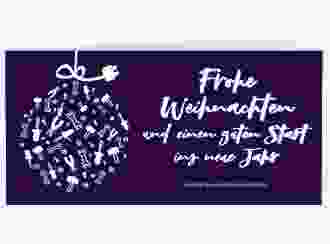 Business-Weihnachtskarte Werkzeugkugel lange Klappkarte quer blau mit Weihnachtskugel aus Werkzeugen