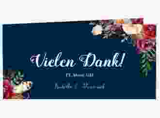 Danksagungskarte Hochzeit Flowers lange Klappkarte quer blau mit bunten Aquarell-Blumen