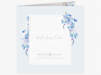 Hochzeitseinladung Blauregen quadr. Klappkarte blau mit Wisteria-Blüten