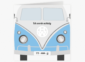 Klick: Details zu Einladung 80. Geburtstag "Bulli Bus" anzeigen Einladung 80. Geburtstag Bulli Bus quadr. Klappkarte blau