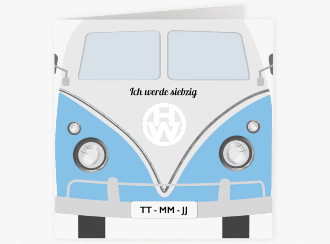 Einladung 70. Geburtstag Bulli Bus quadr. Klappkarte blau