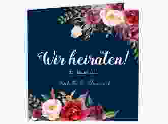 Hochzeitseinladung Flowers quadr. Klappkarte blau mit bunten Aquarell-Blumen