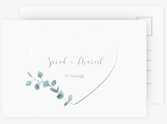 Klick: Details zu Save the Date-Postkarte "Greenheart" anzeigen Save the Date-Postkarte Greenheart A6 Postkarte grau mit elegantem Herz und Eukalyptus-Zweig