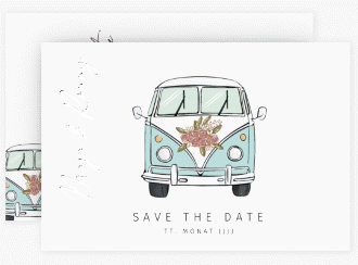 Klick: Details zu Save the Date-Karte "Hochzeitsbulli" anzeigen Save the Date-Karte Hochzeitsbulli A6 Karte quer blau