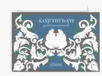 Save the Date-Karte Royal A6 Karte quer blau mit barockem Blumen-Ornament