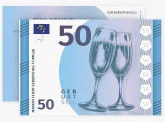 Einladung 50. Geburtstag Geldschein A6 Karte quer blau
