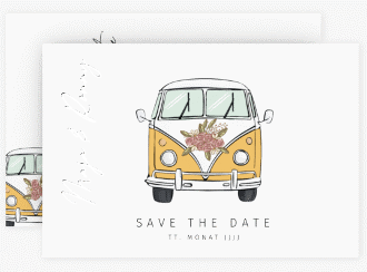 Klick: Details zu Save the Date-Karte "Hochzeitsbulli" anzeigen Save the Date-Karte Hochzeitsbulli A6 Karte quer gelb