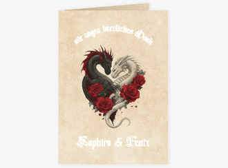 Danksagungskarte Drachenliebe A6 Klappkarte hoch beige mit schwarzem und weißem Drachen zu einem Herz verschlungen