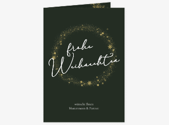 Business-Weihnachtskarte Glitzerkranz A6 Klappkarte hoch gruen mit Kranz aus Eiskristallen und eleganter Aufschrift frohe Weihnachten