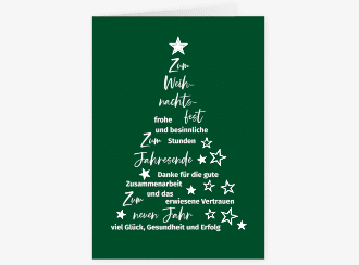 Klick: Details zu Geschäftliche Weihnachtskarte "Oh Tannenbaum" anzeigen Geschäftliche Weihnachtskarte Oh Tannenbaum A6 Klappkarte hoch gruen mit Weihnachtsbaum aus Glückwünschen und Sternen
